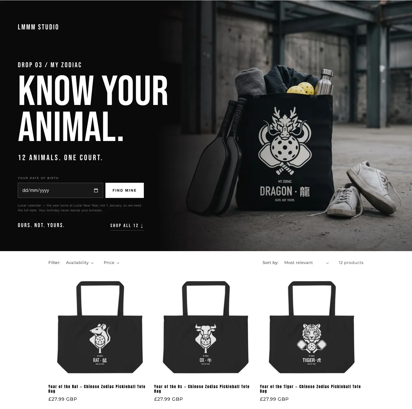 LMMM Studio Drop 03 My Zodiac collection page with banner and Chinese zodiac tote bags, a Shopify online shop built by LMMM Studio