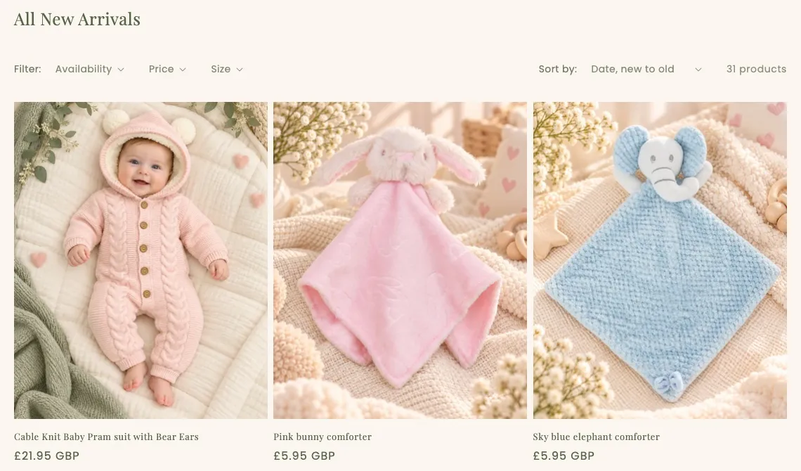 Mini & Lime product listing with baby clothing and comforters, a Shopify collection page built by LMMM Studio