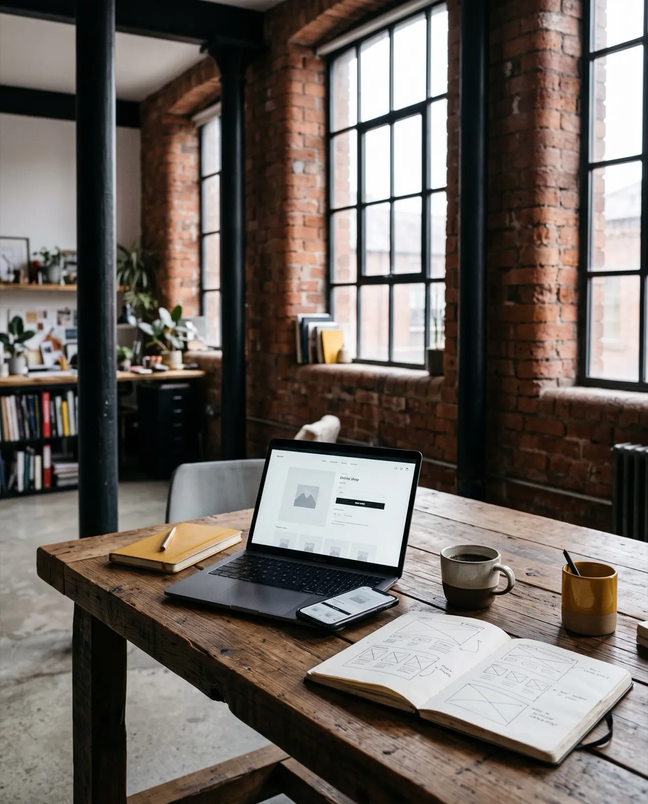 Web design desk in a converted red-brick Manchester mill, with a laptop showing an online shop, a phone and website wireframe sketches